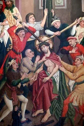 Saint-Pierre le Vieux Katholieke Kerk, Christus in zijn Passie, Jezus wordt gegeseld en gekroond met doornen, schilderij door Henri Lutzelman, 15e eeuw, Straatsburg, Frankrijk